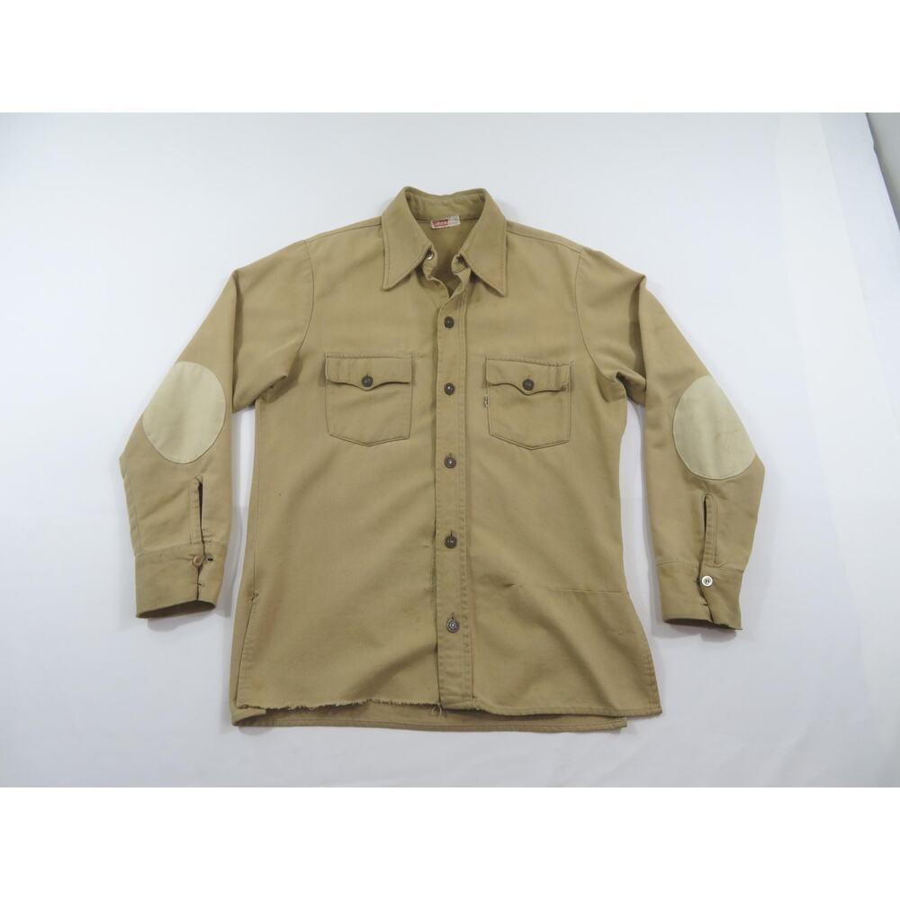 Levi's Big E Denim Shirt, Distressed Button Up, Beige, Sz M 1970s